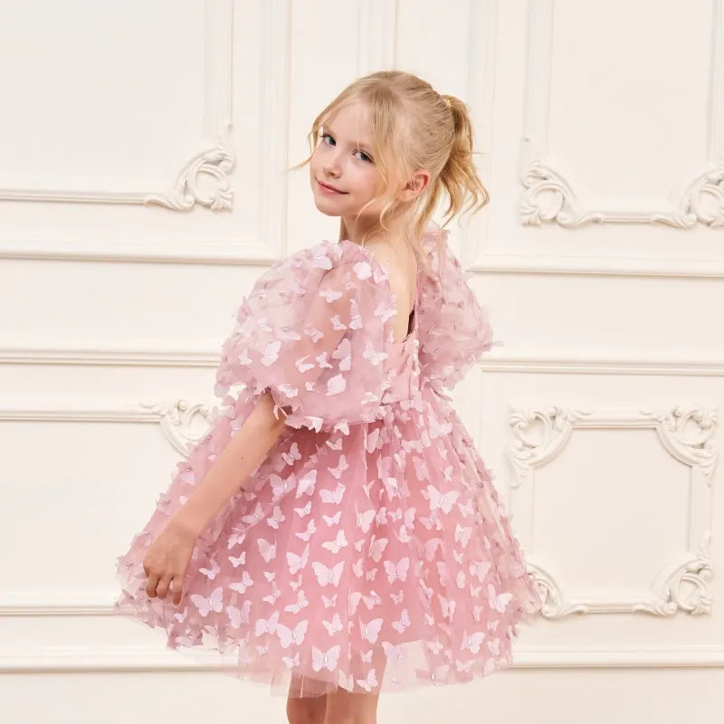 Fashion Baby Girl Princess Butterfly Tulle Dress Puff Sleeve Child Tutu Vestido Pageant Party Birthday Baby Clothes 1-12Y