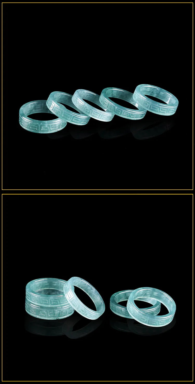 Original Natural A-grade Jade Blue Water Antique Pattern Square Ring Ice Jadeite Male Gifts Female Jewelry Personality Drop Ship