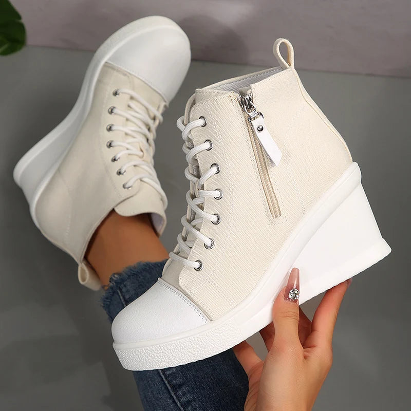 Black High Top Canvas Sneakers Shoes for Women Classic Platform Wedge Heel Casual Shoes Woman Fashion Zipper Lace Up Ankle Boots