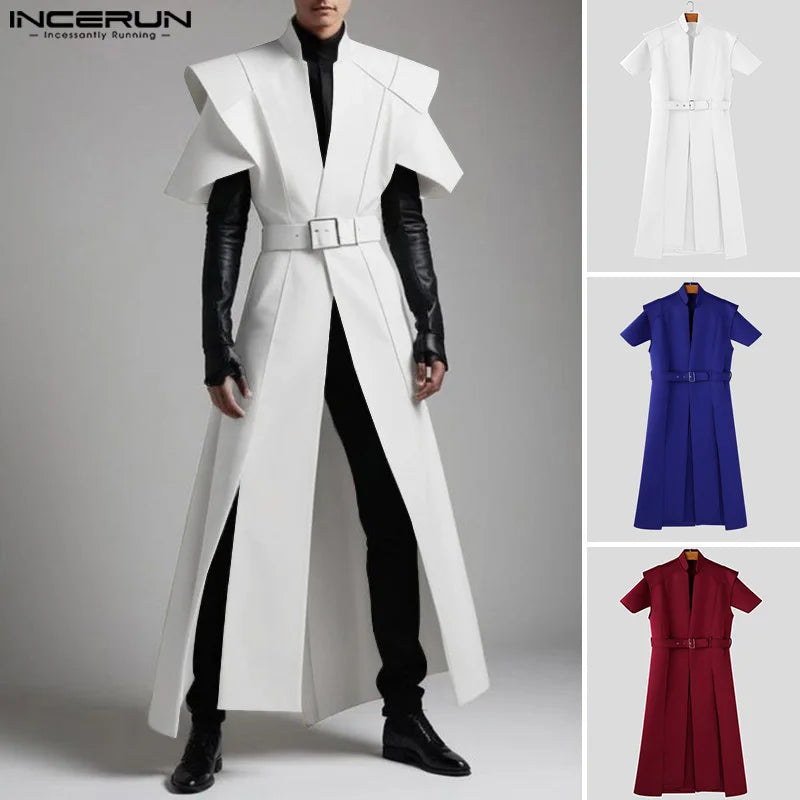INCERUN Tops 2025 American Style Fashion Men Loose Silhouette Long Cardigan Shirts Casual Personality Solid Short Sleeved Blouse
