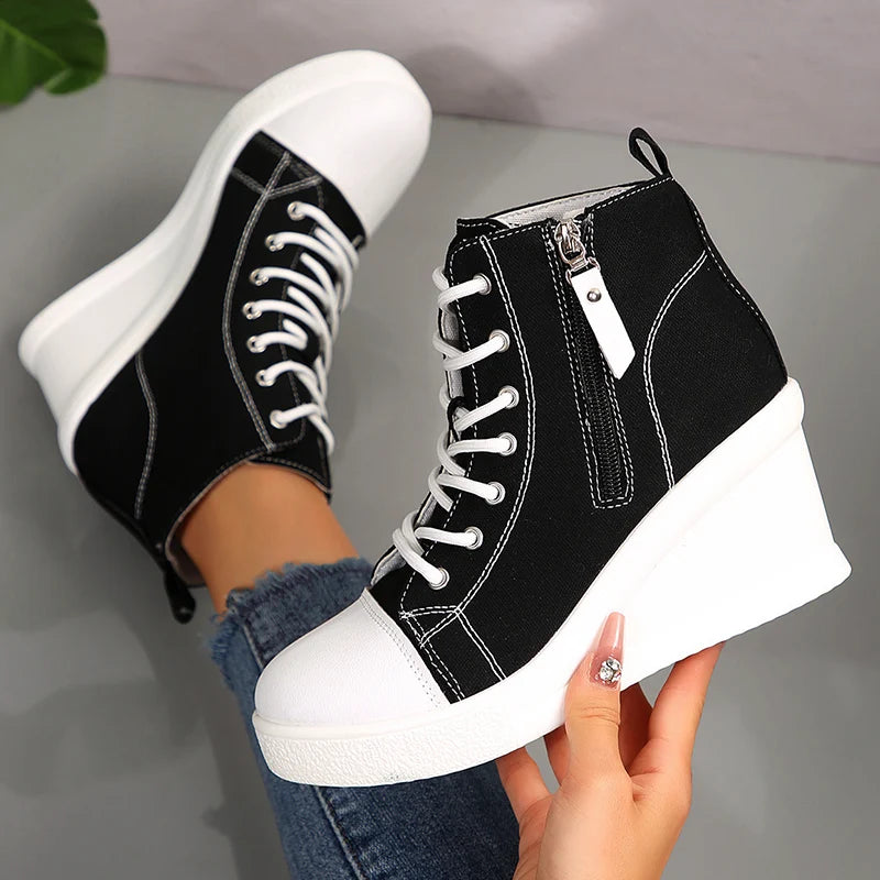Black High Top Canvas Sneakers Shoes for Women Classic Platform Wedge Heel Casual Shoes Woman Fashion Zipper Lace Up Ankle Boots