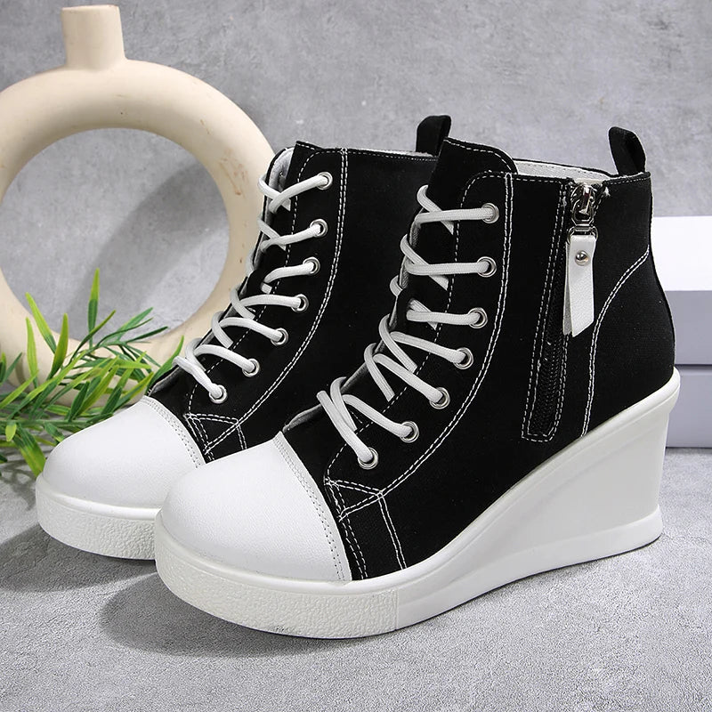 Black High Top Canvas Sneakers Shoes for Women Classic Platform Wedge Heel Casual Shoes Woman Fashion Zipper Lace Up Ankle Boots
