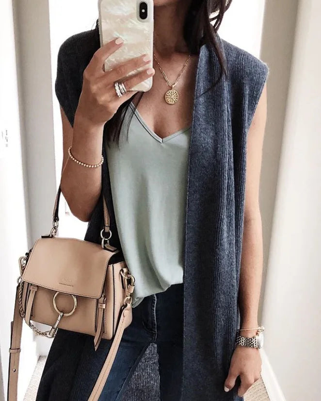 Fashion Women's Casual Knitwear Coat Cardigan Trendy Long Sleeveless Vest Jacket