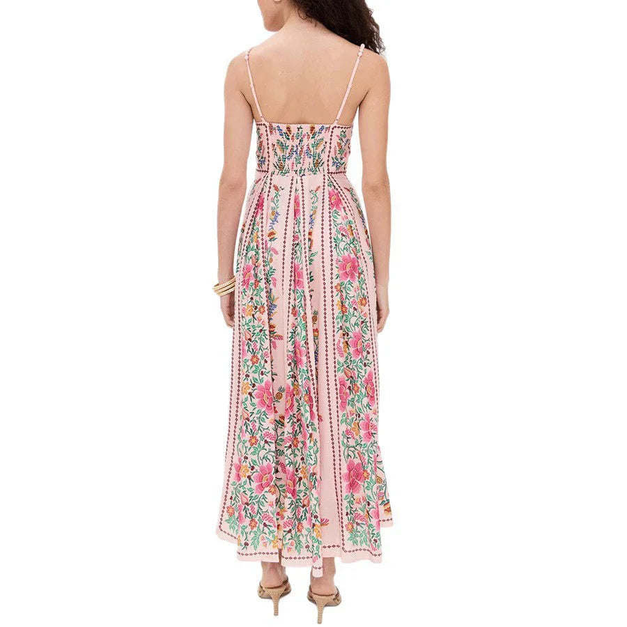 Summer Women Comfortable Linen Floral Printed Dress Lady Low Cut Backless Banquet High Waist Holiday Garden Party Long Dress