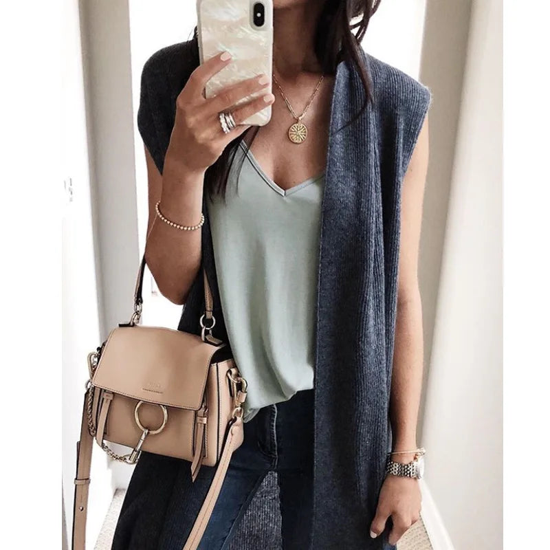 Fashion Women's Casual Knitwear Coat Cardigan Trendy Long Sleeveless Vest Jacket