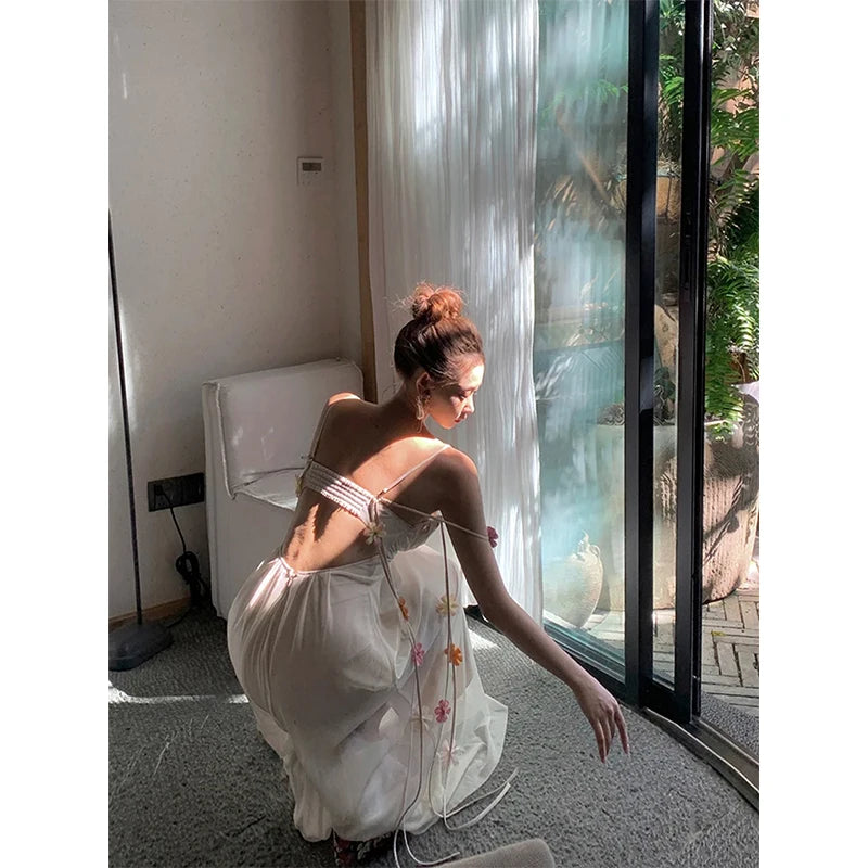 MEXZT Fairy Long Dress Women Boho Vacation Floral Spaghetti Straps Maxi Dresses Summer Fashion Korean Elegant Beach Vestidos New