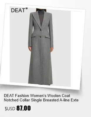 DEAT Fashion Women's Woolen Coat Lapel Silm Single Breasted Long Sleeves Beige Lined Blends Overcoat Winter 2024 New 7AB5487