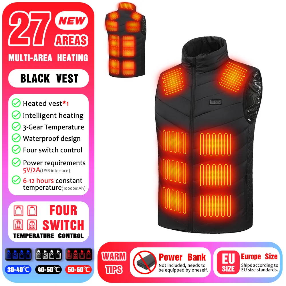 27 Areas Electric Heated Vest Heated Jackets Men Women Sportswear Heated Carbon Fibre Heat Coat USB Heating Jacket For Outdoor