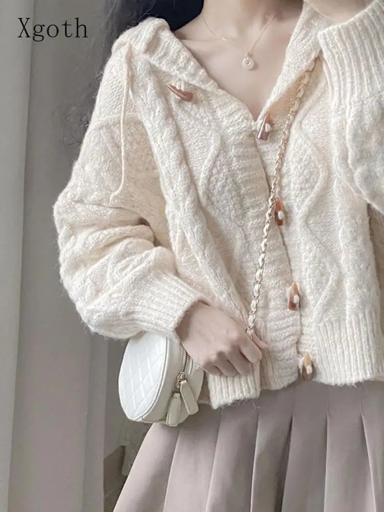 Spring and Autumn Horn-button Hooded Knit Sweater Coat Women Loose Outside Crop Top Gentle Soft Preppy Style White Cardigan