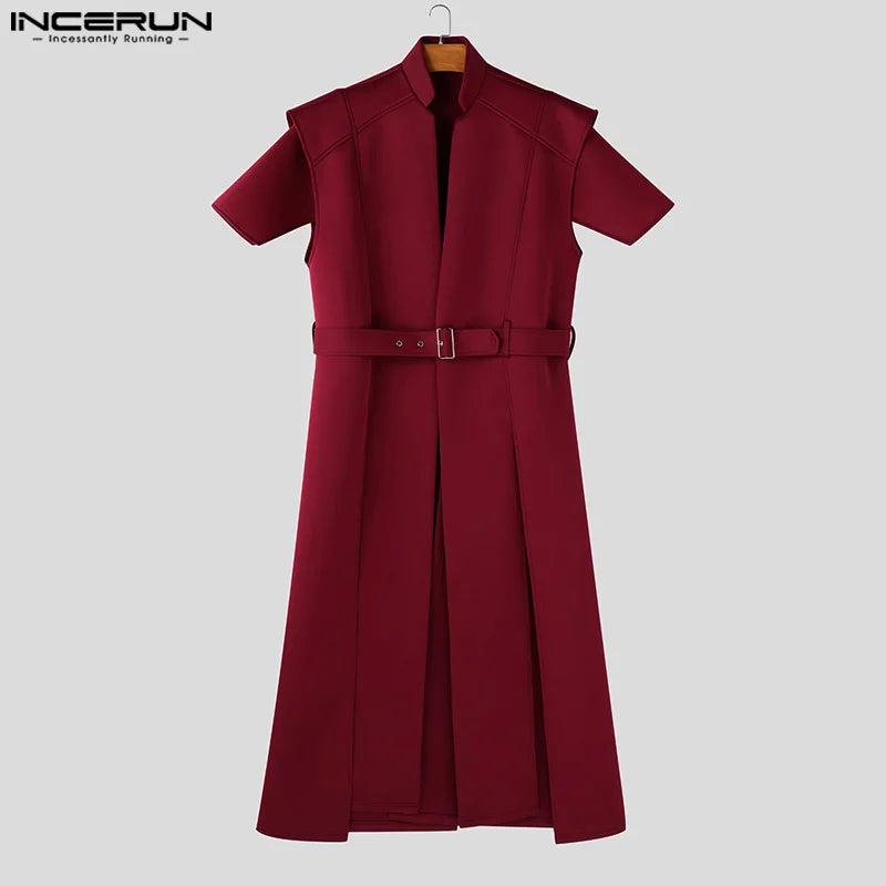 INCERUN Tops 2025 American Style Fashion Men Loose Silhouette Long Cardigan Shirts Casual Personality Solid Short Sleeved Blouse