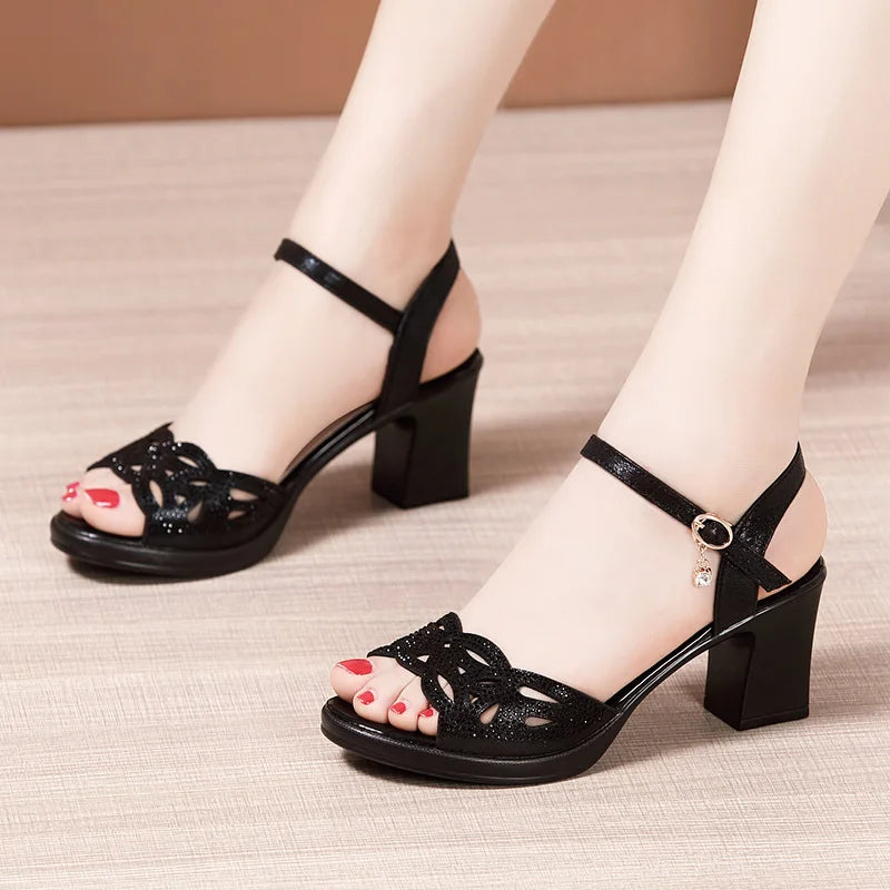 High quality sandals for women 5cm mid heel new 2025 summer size 32 33 42 43 platform open toe elegant fashion shoe black