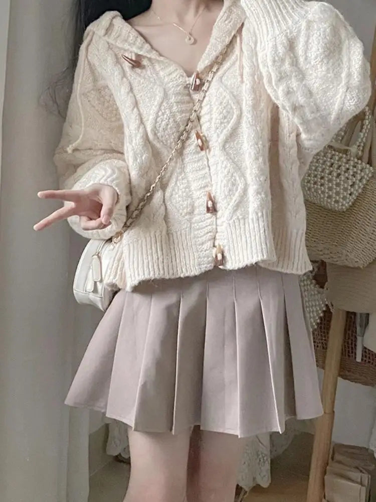 Spring and Autumn Horn-button Hooded Knit Sweater Coat Women Loose Outside Crop Top Gentle Soft Preppy Style White Cardigan
