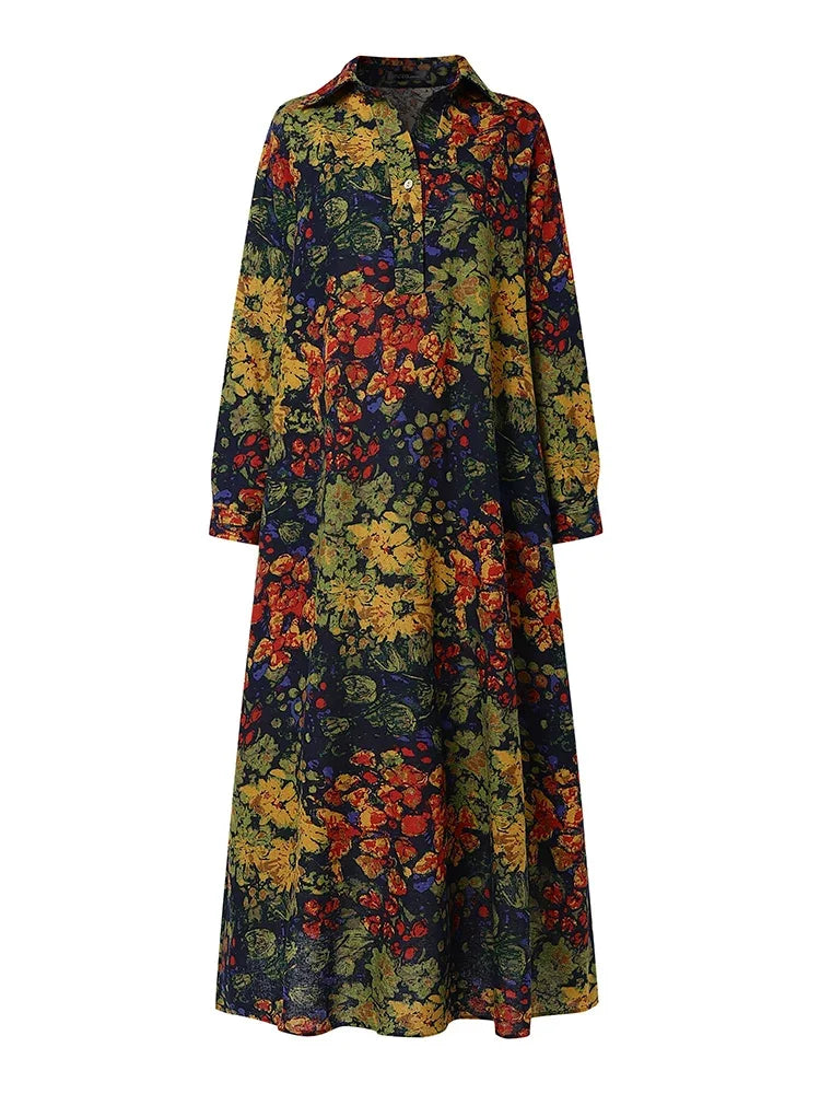 ZANZEA Floral Printed Long Sleeve Cotton Maxi Dress Women Spring 2025 Loose Casual Lapel Neck Shirtdress Streetwear Long Vestido