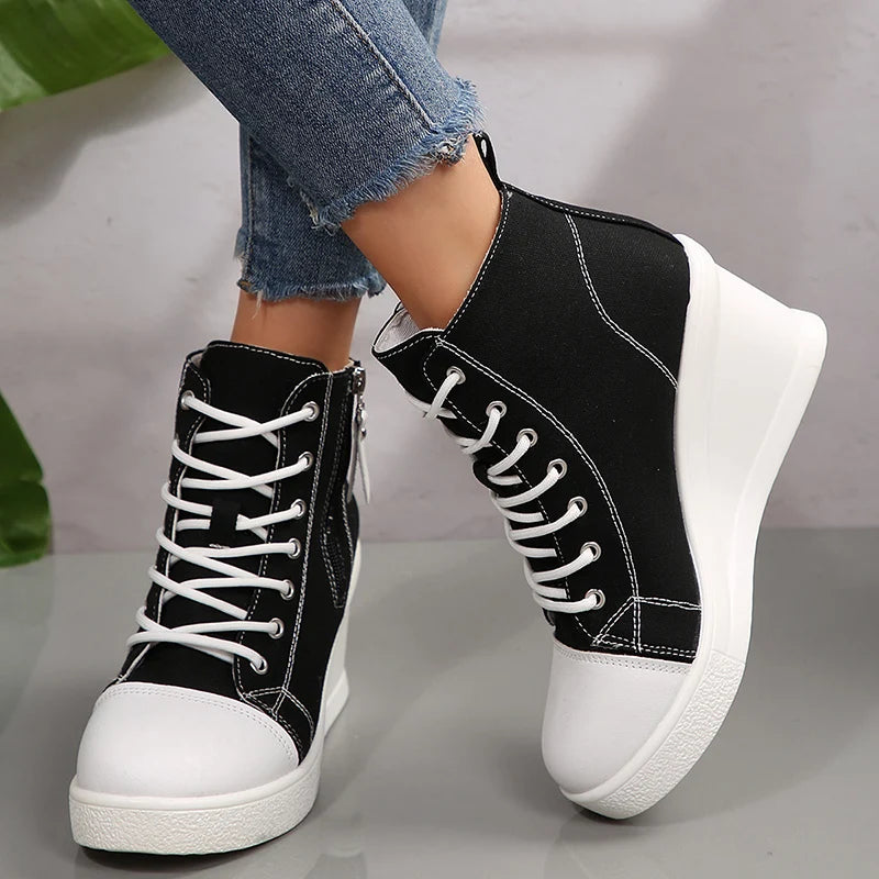 Black High Top Canvas Sneakers Shoes for Women Classic Platform Wedge Heel Casual Shoes Woman Fashion Zipper Lace Up Ankle Boots