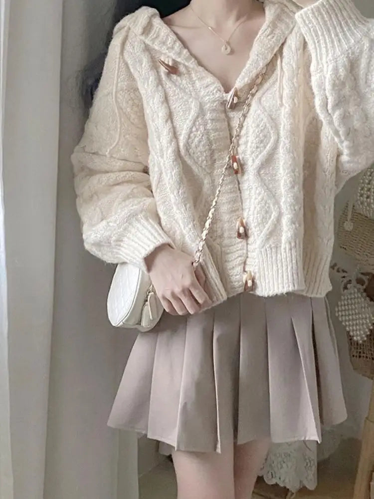Spring and Autumn Horn-button Hooded Knit Sweater Coat Women Loose Outside Crop Top Gentle Soft Preppy Style White Cardigan