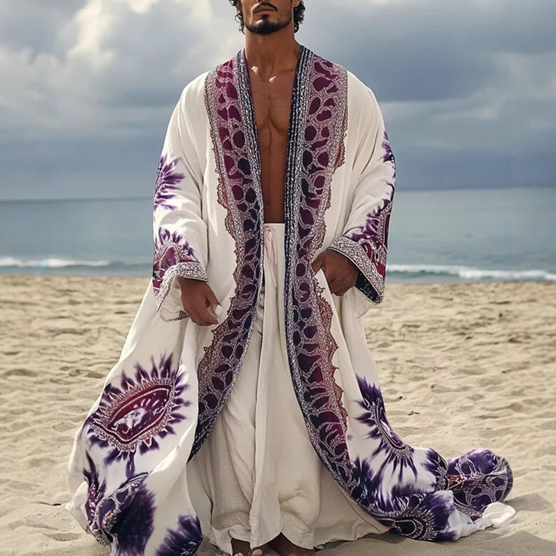 Ethnic Vintage Pattern Print Man Trench Coat Casual V Neck Long Tops Cardigan New Autumn Long Sleeve Loose Jacket Men's Clothing