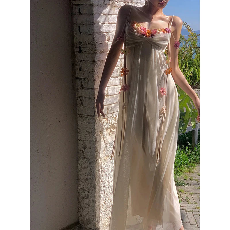 MEXZT Fairy Long Dress Women Boho Vacation Floral Spaghetti Straps Maxi Dresses Summer Fashion Korean Elegant Beach Vestidos New