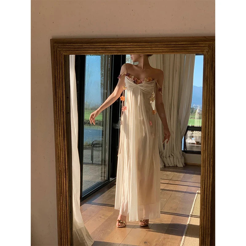 MEXZT Fairy Long Dress Women Boho Vacation Floral Spaghetti Straps Maxi Dresses Summer Fashion Korean Elegant Beach Vestidos New