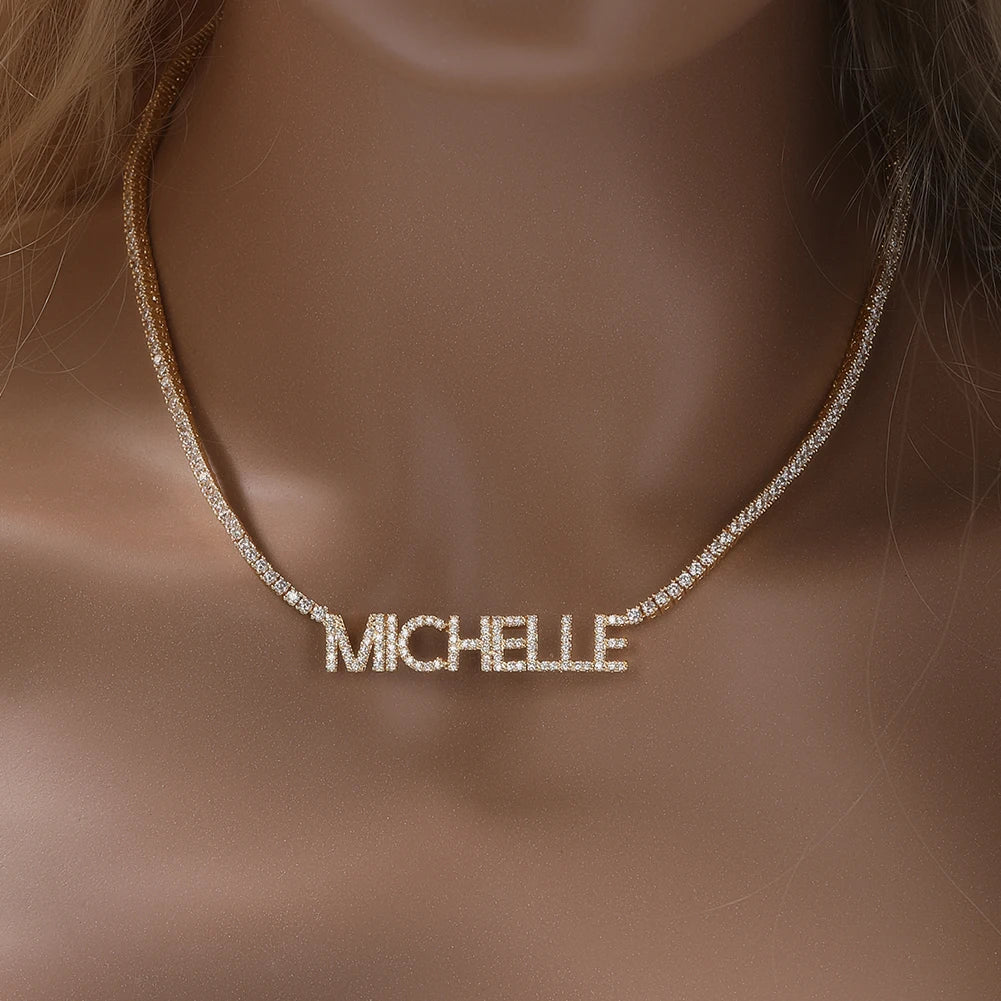 Uwin Custom Mini Letter Welding 2mm Tennis Chain Name Pendant Necklaces For Women Full Iced Out CZ Fashion Hip Hop Jewelry Gift