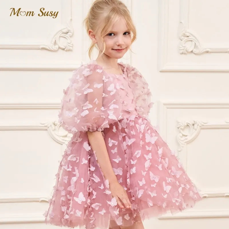 Fashion Baby Girl Princess Butterfly Tulle Dress Puff Sleeve Child Tutu Vestido Pageant Party Birthday Baby Clothes 1-12Y