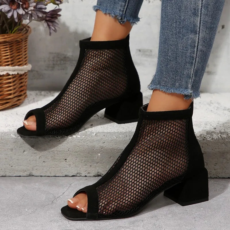 2024 Summer Boot Zapatos Chaussures Femme Zipper Square High Heel Leopard Woman Shoes Women Mesh Suede Ankle Boots Size 43