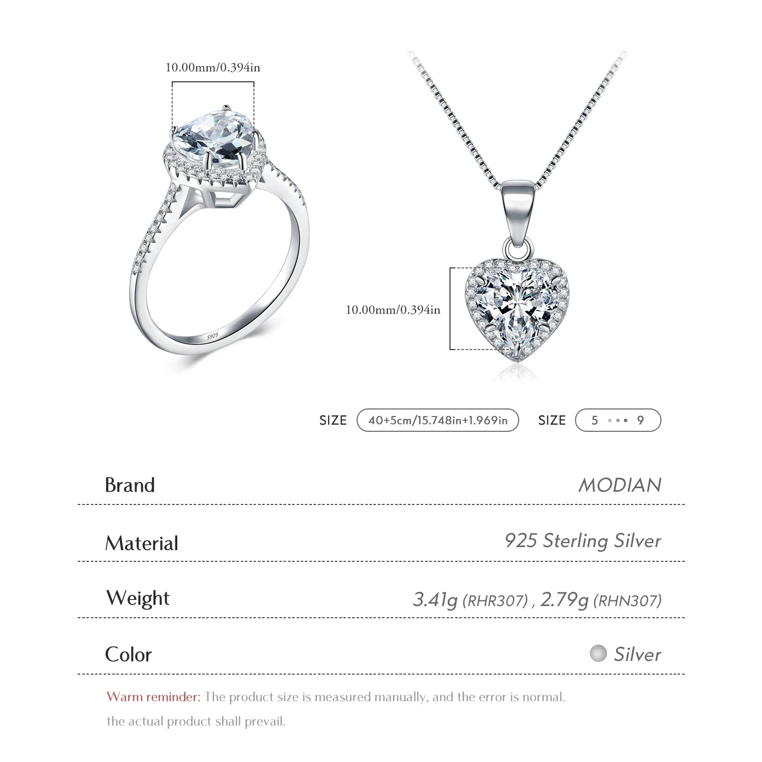 Modian New Design Solid 925 Sterling Silver Sets Jewelry Ring Necklace Wedding Natural Crystal Pendant Fashion Chain For Women