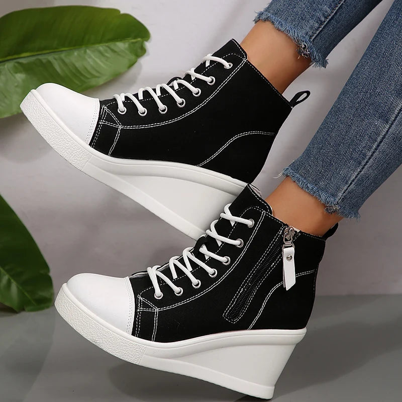 Black High Top Canvas Sneakers Shoes for Women Classic Platform Wedge Heel Casual Shoes Woman Fashion Zipper Lace Up Ankle Boots