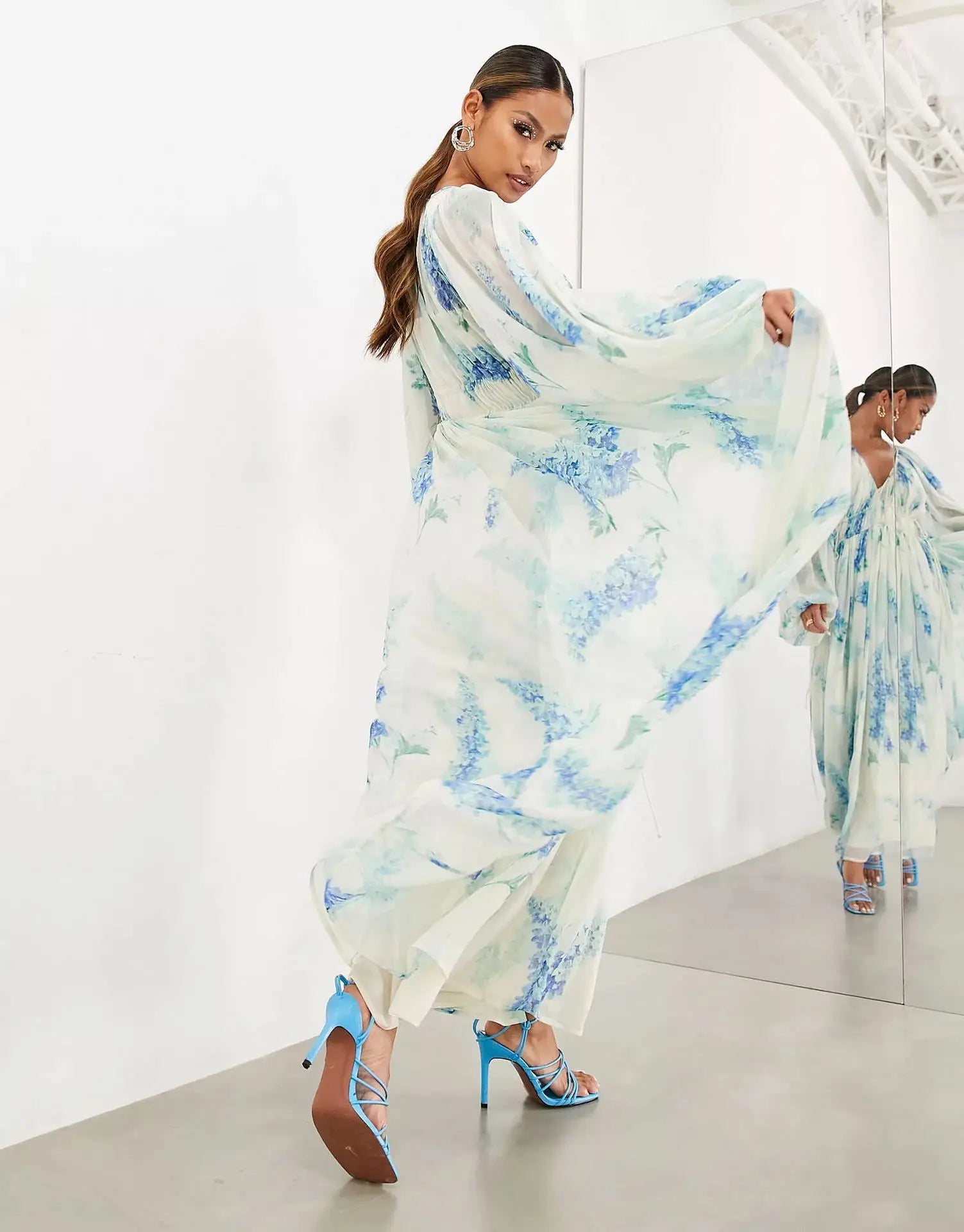 Elegant Print Chiffon Long Dresses Women V-neck High Waist Drawstring Folds See Through Long Sleeve Party Dress Female Vestidos