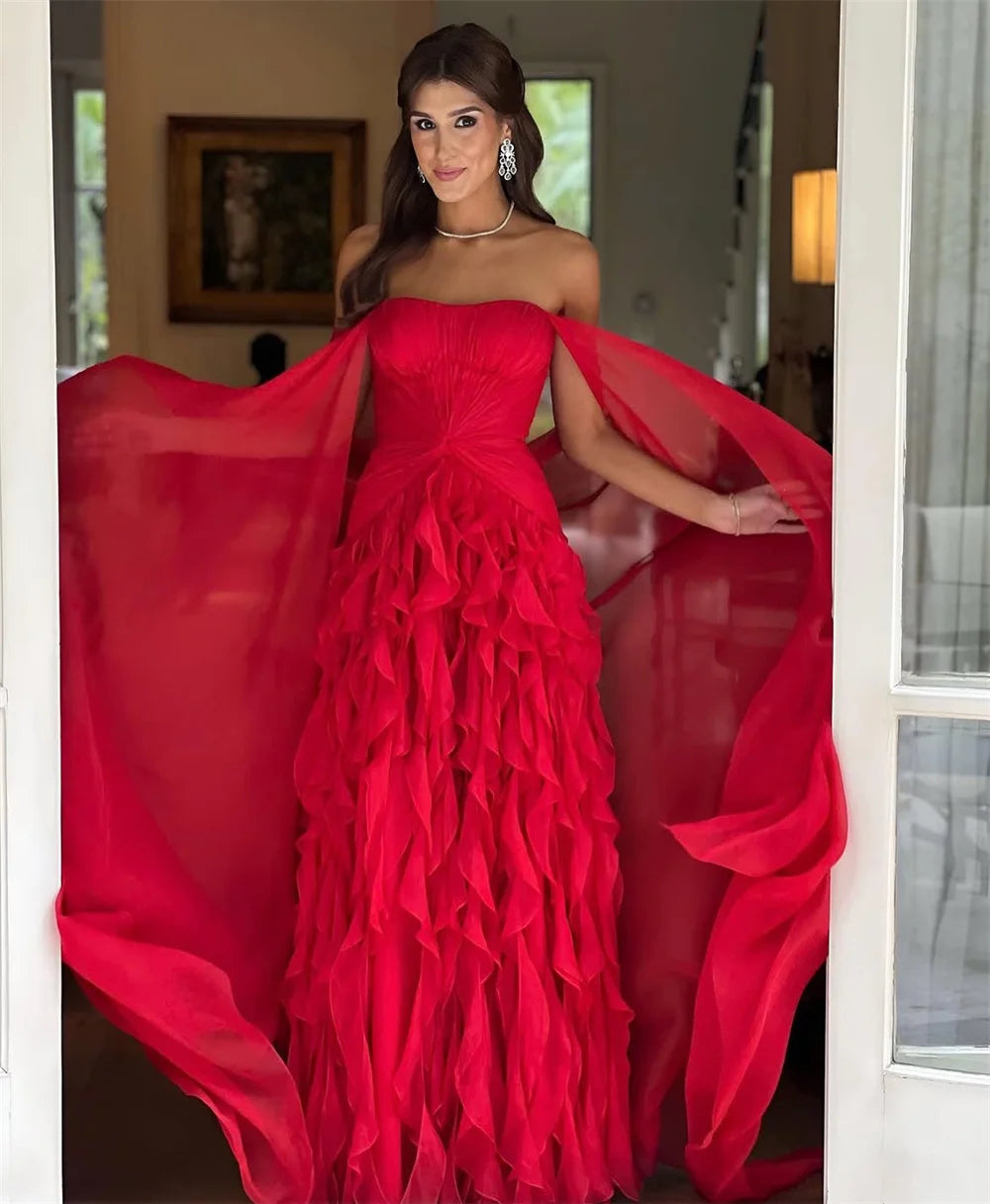 Cathy Red Off Shoulder Tiered Ruffles Prom Dress Detachable Shawl vestidos de noiva Customize A-line Floor-length Formal Evening