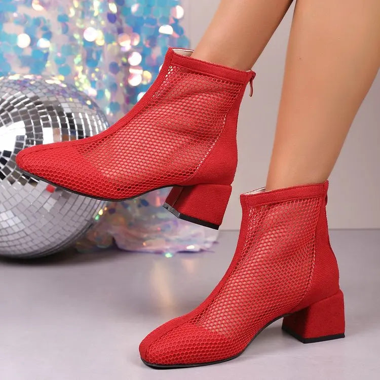 2024 Summer Boot Zapatos Chaussures Femme Zipper Square High Heel Leopard Woman Shoes Women Mesh Suede Ankle Boots Size 43