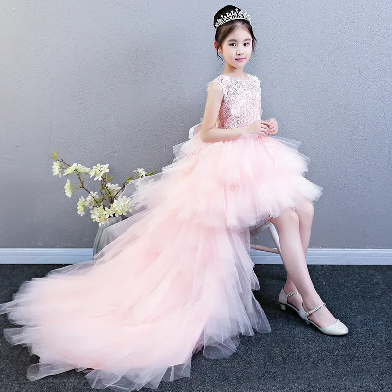 Custom Made Luxury Grey Pageant Dress Kids Birthday Wedding Ball Gown Party Dress Crystal Bandage Flower Girl Dresses Long Train