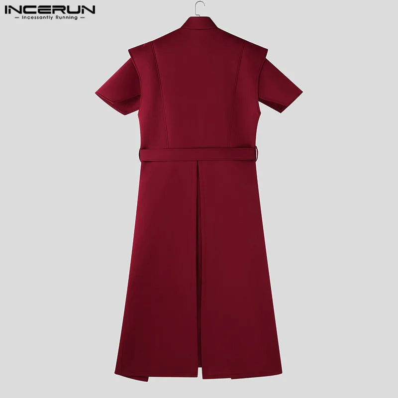 INCERUN Tops 2025 American Style Fashion Men Loose Silhouette Long Cardigan Shirts Casual Personality Solid Short Sleeved Blouse