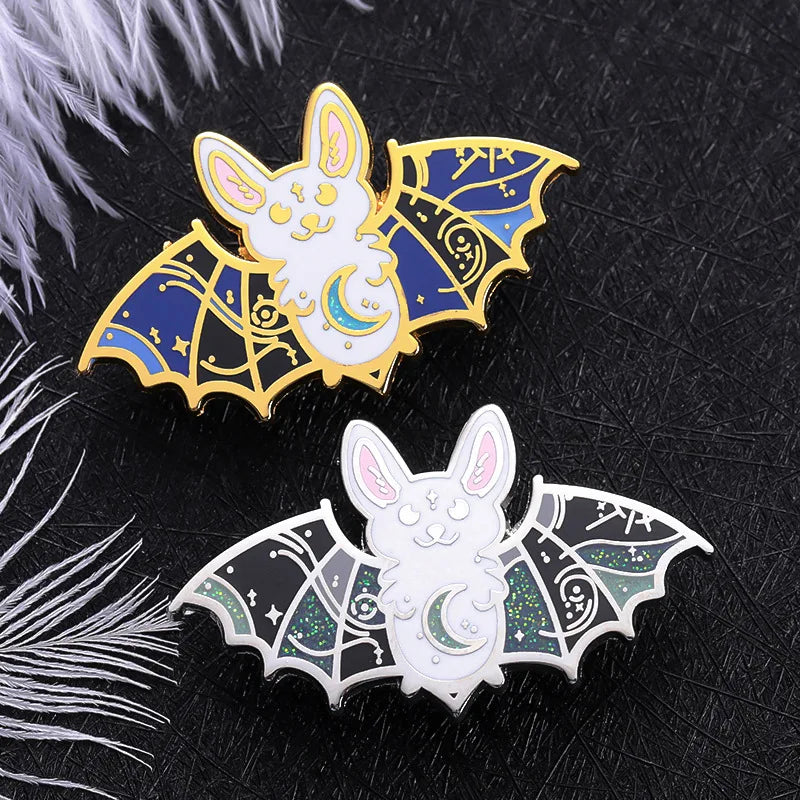 Cartoon Crescent Bat Hard Enamel Pin Goth Punk Luna Creepy Bats Animales Brooch Lapel Badge Halloween Jewelry Gifts For Friends