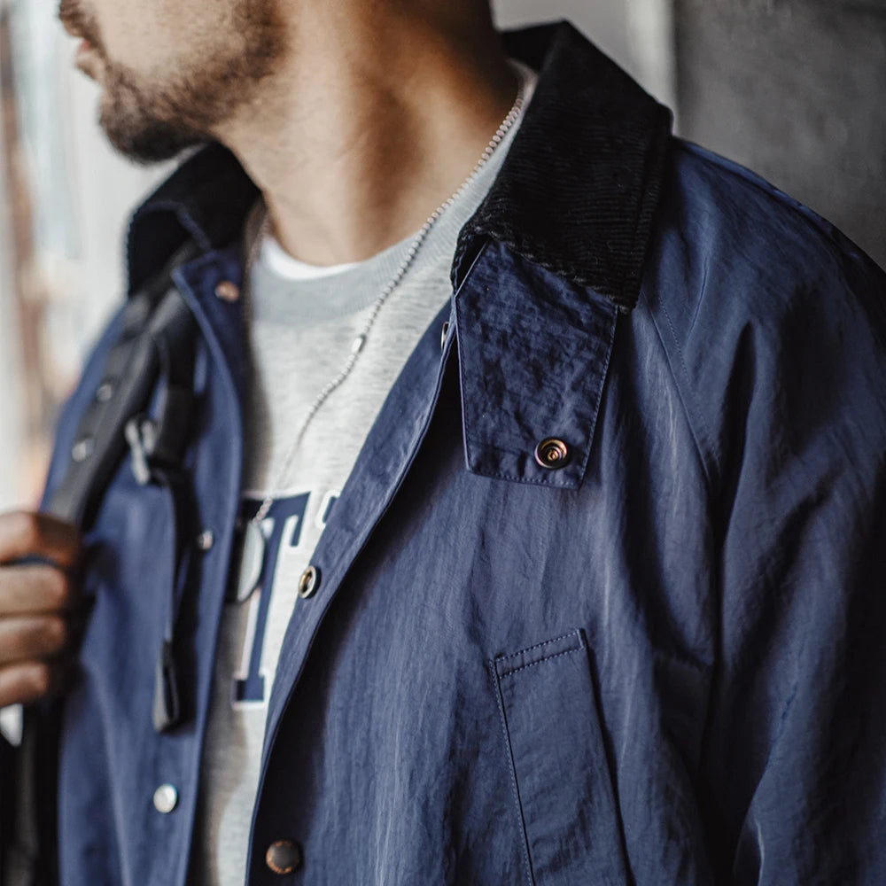 Maden Retro Corduroy Lapel Safari Trench Coat Loose Fit Single-breasted Mid-length Versatile Jacket for Men's Spring and Autumn