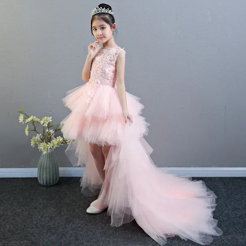 Custom Made Luxury Grey Pageant Dress Kids Birthday Wedding Ball Gown Party Dress Crystal Bandage Flower Girl Dresses Long Train