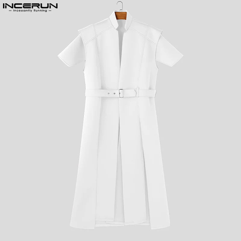 INCERUN Tops 2025 American Style Fashion Men Loose Silhouette Long Cardigan Shirts Casual Personality Solid Short Sleeved Blouse