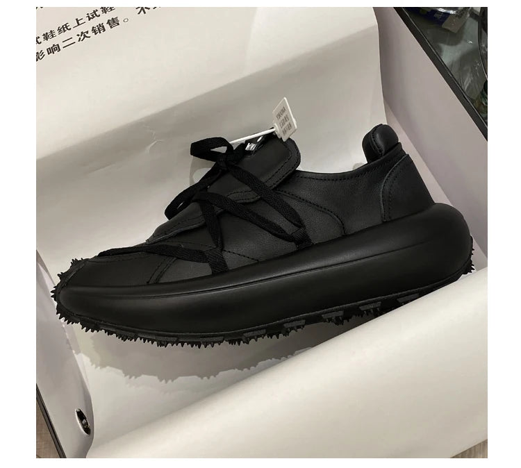 New Trendy Men's Casual Shoes Calf Leather Black Samurai Leather Sneakers Man Breathable Heighten Sports Shoes Platform Trainers