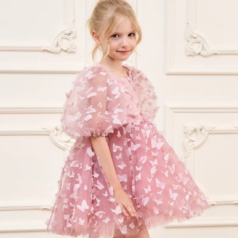 Fashion Baby Girl Princess Butterfly Tulle Dress Puff Sleeve Child Tutu Vestido Pageant Party Birthday Baby Clothes 1-12Y