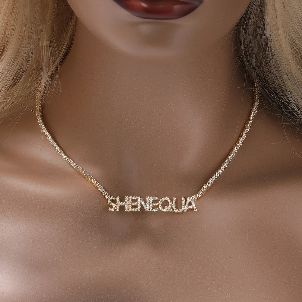 Uwin Custom Mini Letter Welding 2mm Tennis Chain Name Pendant Necklaces For Women Full Iced Out CZ Fashion Hip Hop Jewelry Gift