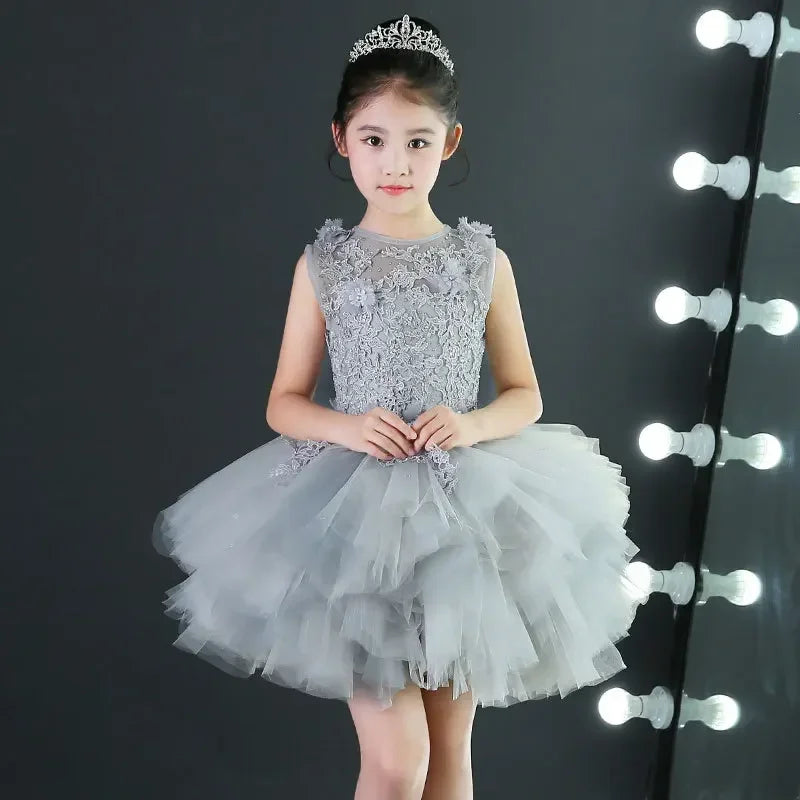 Custom Made Luxury Grey Pageant Dress Kids Birthday Wedding Ball Gown Party Dress Crystal Bandage Flower Girl Dresses Long Train