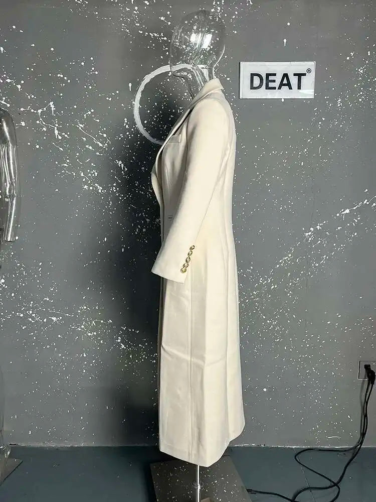 DEAT Fashion Women's Woolen Coat Lapel Silm Single Breasted Long Sleeves Beige Lined Blends Overcoat Winter 2024 New 7AB5487