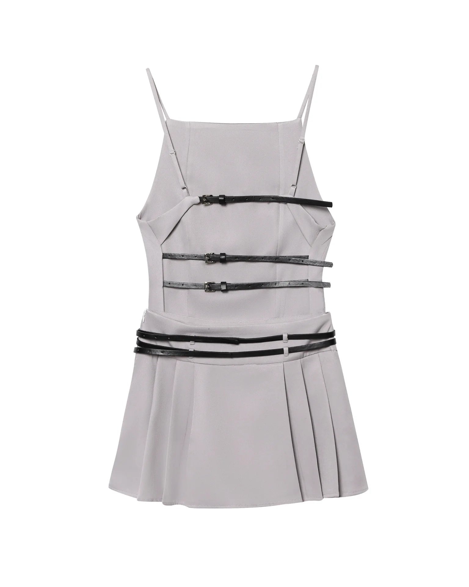 ZBZA Women's Pleated Dress with Belt Backless Spaghetti Strap Square Neck Low Waist Solid Color Mini Dress Summer New Chic Top