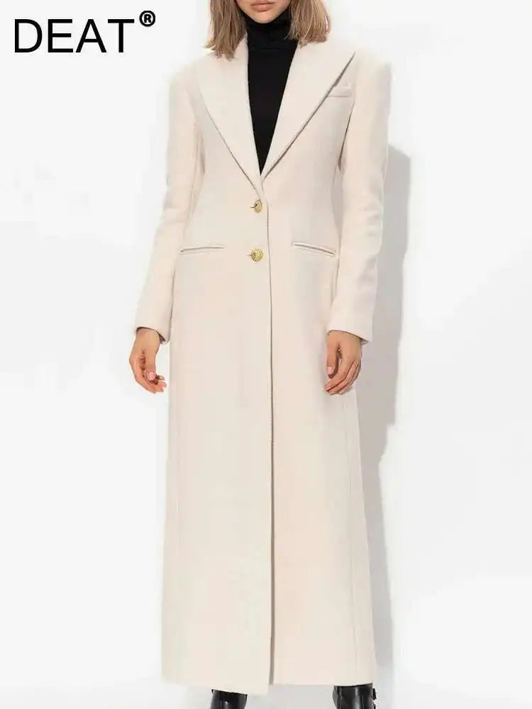 DEAT Fashion Women's Woolen Coat Lapel Silm Single Breasted Long Sleeves Beige Lined Blends Overcoat Winter 2024 New 7AB5487