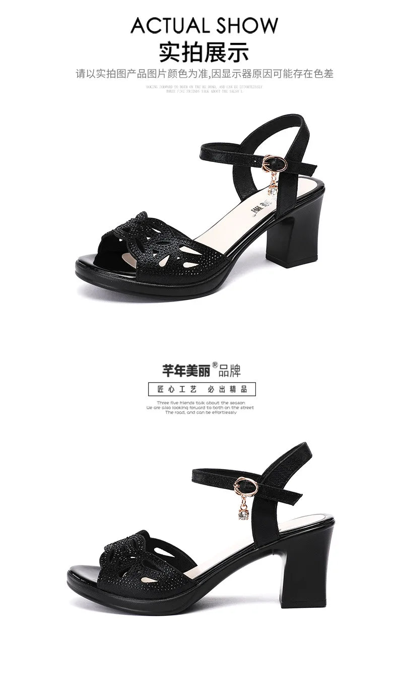 High quality sandals for women 5cm mid heel new 2025 summer size 32 33 42 43 platform open toe elegant fashion shoe black