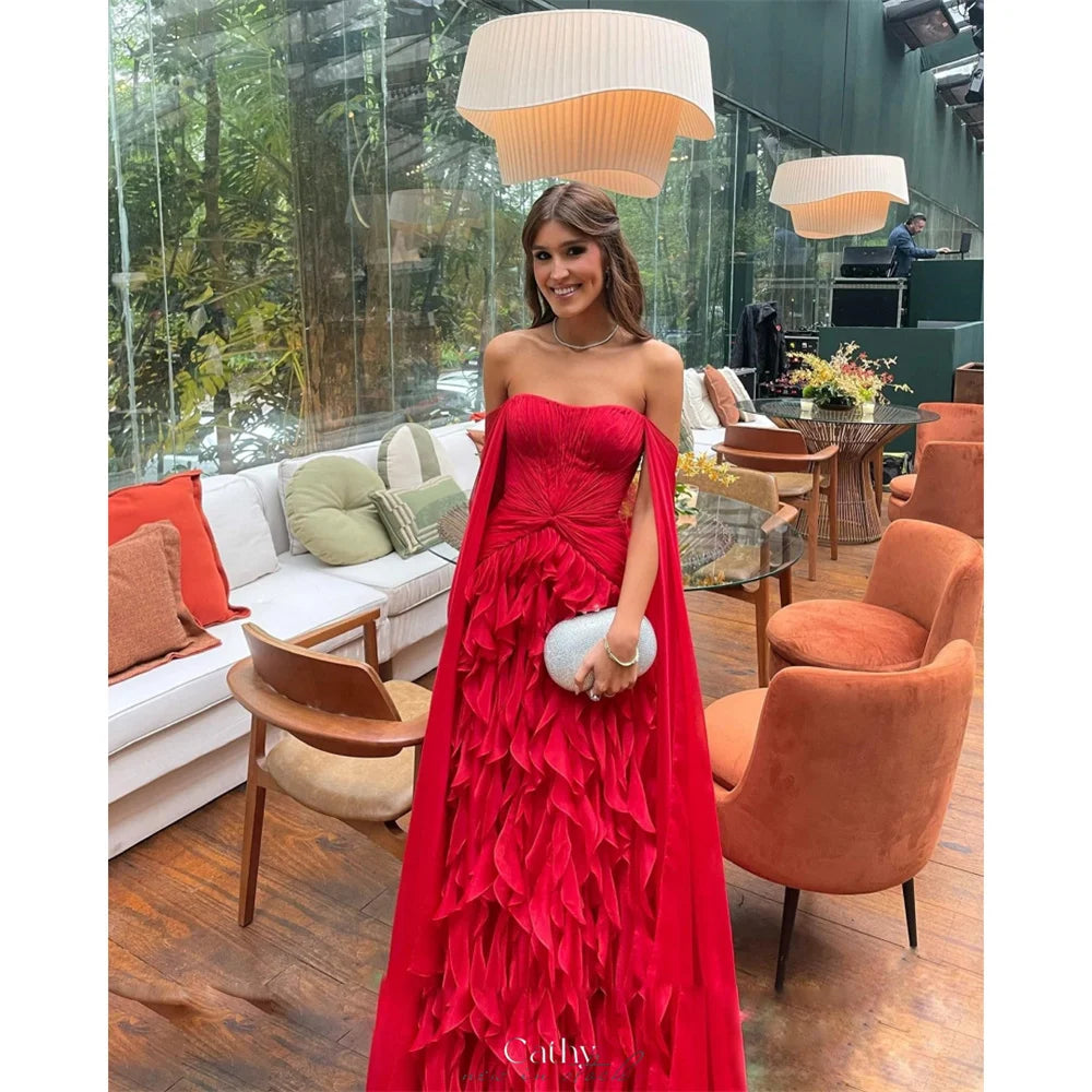 Cathy Red Off Shoulder Tiered Ruffles Prom Dress Detachable Shawl vestidos de noiva Customize A-line Floor-length Formal Evening