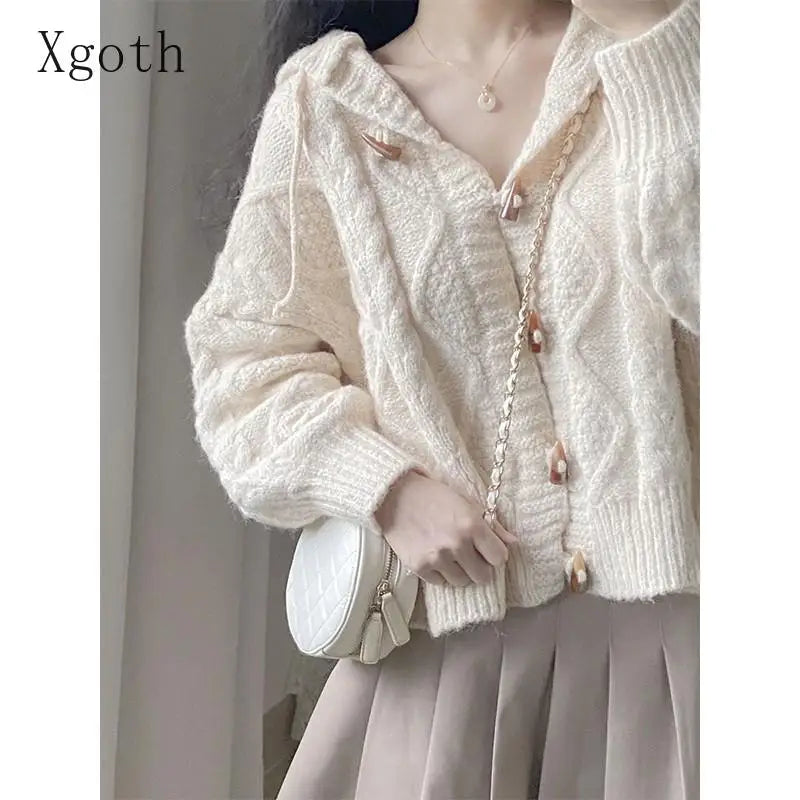 Spring and Autumn Horn-button Hooded Knit Sweater Coat Women Loose Outside Crop Top Gentle Soft Preppy Style White Cardigan