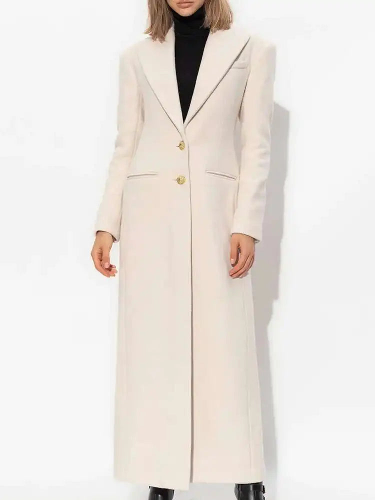 DEAT Fashion Women's Woolen Coat Lapel Silm Single Breasted Long Sleeves Beige Lined Blends Overcoat Winter 2024 New 7AB5487