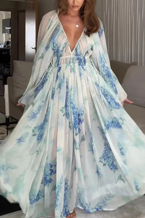 Elegant Print Chiffon Long Dresses Women V-neck High Waist Drawstring Folds See Through Long Sleeve Party Dress Female Vestidos