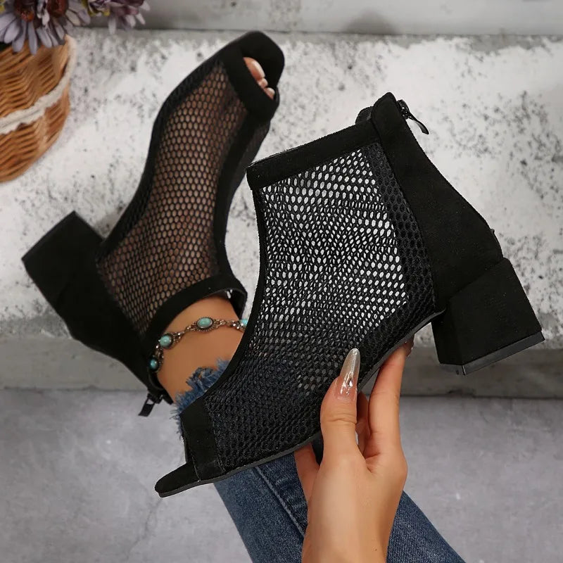 2024 Summer Boot Zapatos Chaussures Femme Zipper Square High Heel Leopard Woman Shoes Women Mesh Suede Ankle Boots Size 43