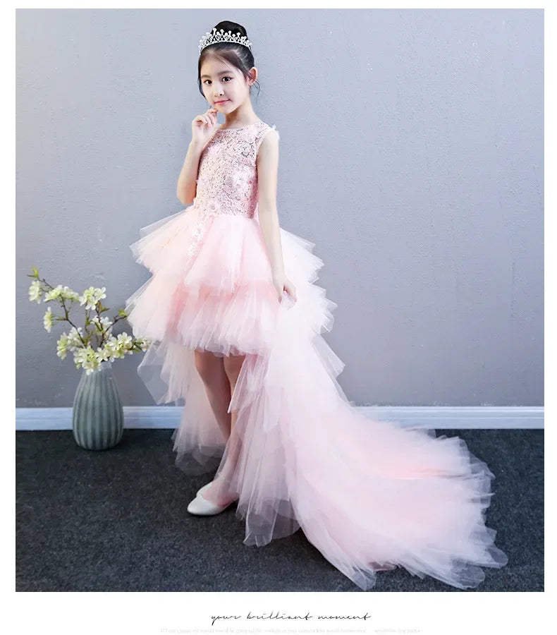 Custom Made Luxury Grey Pageant Dress Kids Birthday Wedding Ball Gown Party Dress Crystal Bandage Flower Girl Dresses Long Train